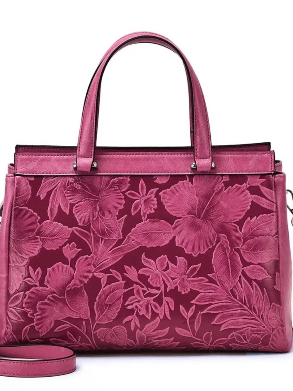 Mellow World Floral Hibiscus Embossed Satchel - Crossbody Strap - Fuchsia (NWOT)